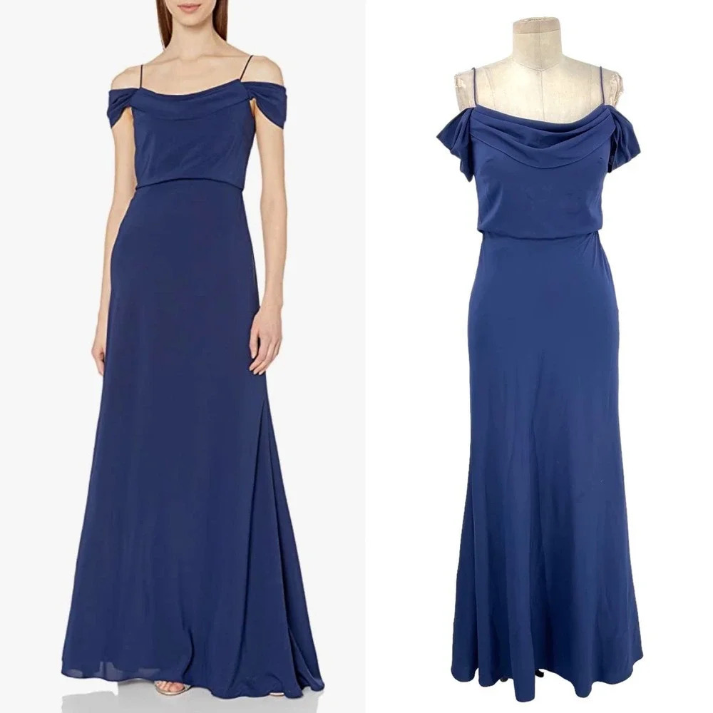 Jenny Yoo Sabine Drop Shoulder Crepe de Chine Gown Navy Blue‎ Size 2